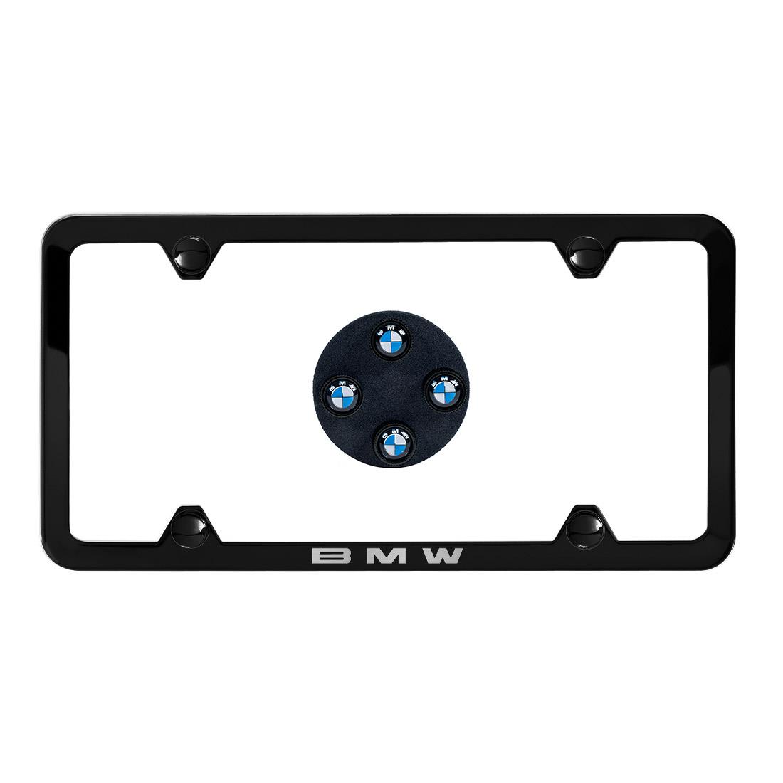 License Plate Frame and Valve Stem Caps Slimline Black Stainless Steel